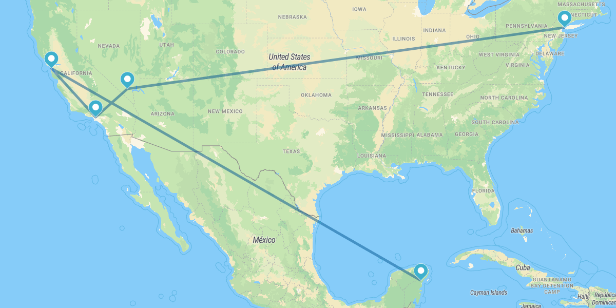 New York, Las Vegas, Los Angeles, San Francisco and Riviera Maya