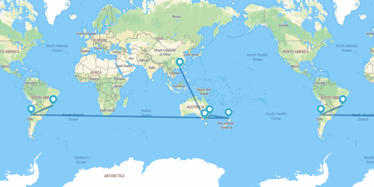 Hong Kong, Melbourne, Sydney, Auckland, Santiago de Chile and Rio De Janeiro