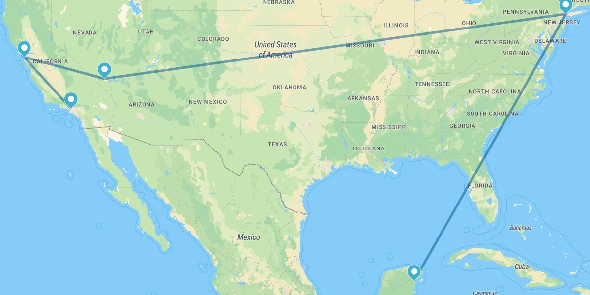 Los Angeles, San Francisco, Las Vegas, New York and Rivera Maya