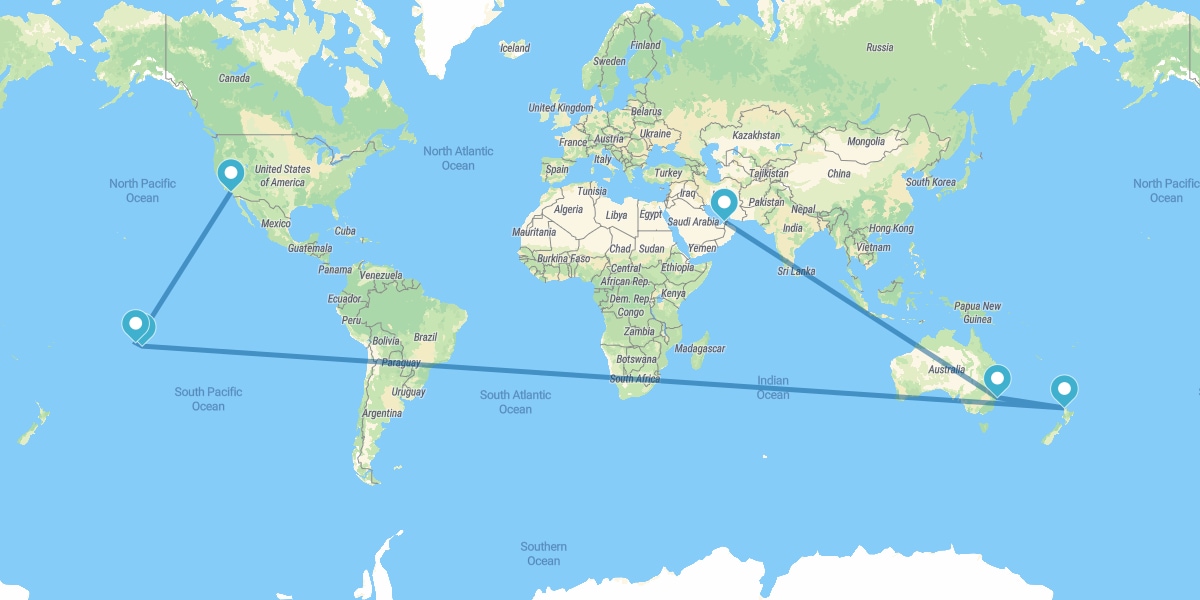 Dubai, Sydney, Auckland, Tahiti, Bora Bora and Los Angeles