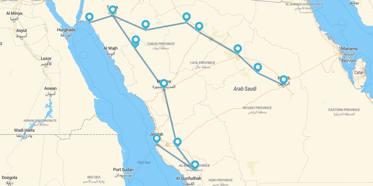 Route from Jeddah to Riyadh with Tabuk, Neom and Hisma Valley