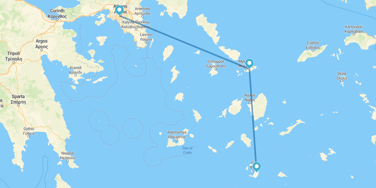 Athens, Mykonos and Santorini by plane and with rental car