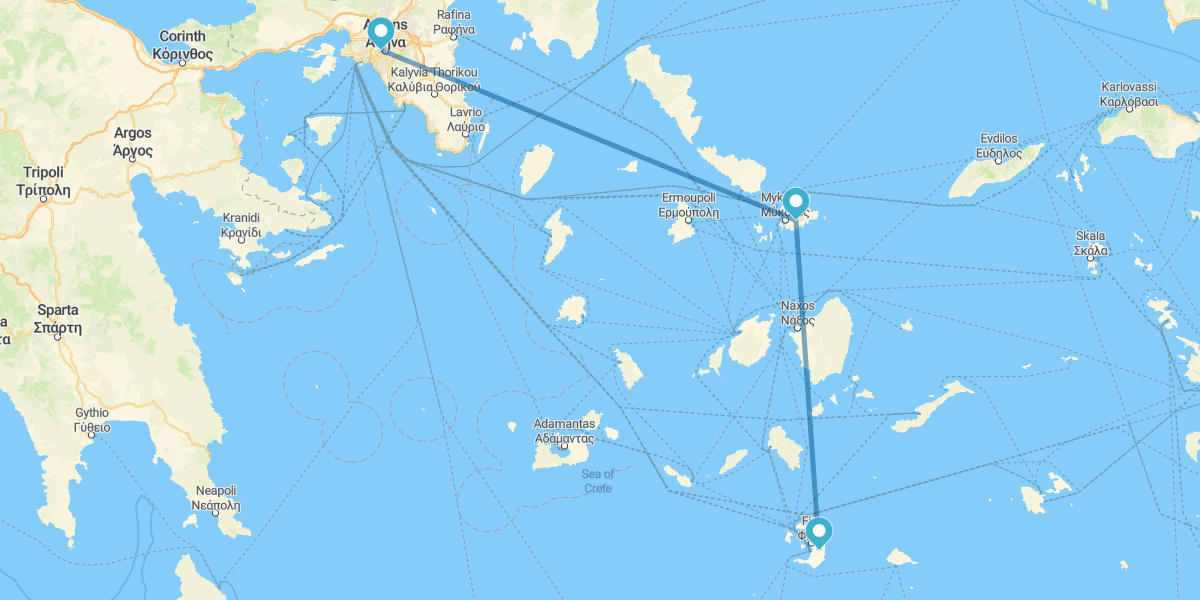 Athens, Mykonos and Santorini by plane, with transfers and rental car