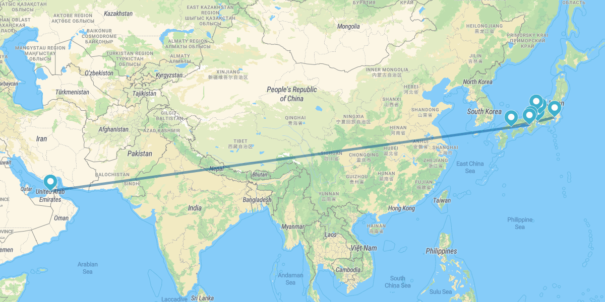 Tokyo, Nagoya, Takayama, Kanazawa, Kyoto, Hiroshima, Osaka and Dubai