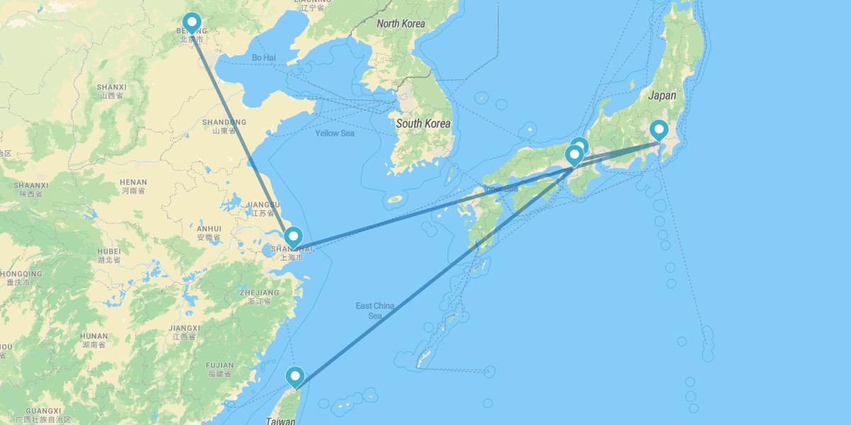 Beijing, Shanghai, Tokyo, Kyoto, Osaka and Taipei