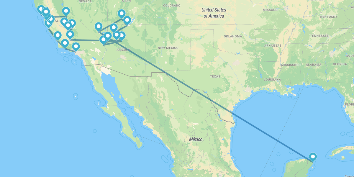 Route from California to Nevada with National Parks