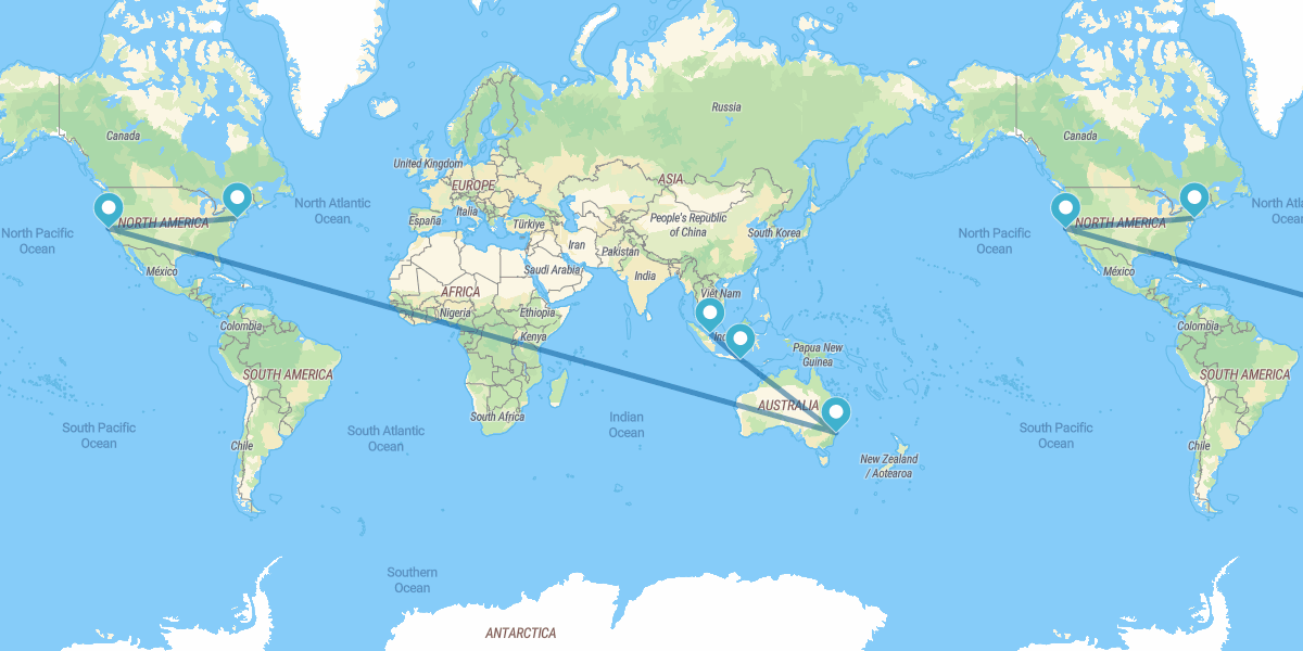 New York, San Francisco, Sídney, Bali and Singapore