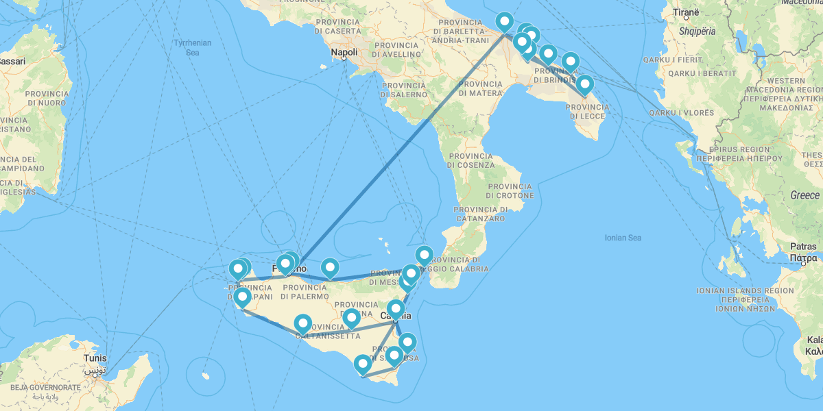 Grand driving route though Apulia and the whole os Sicily