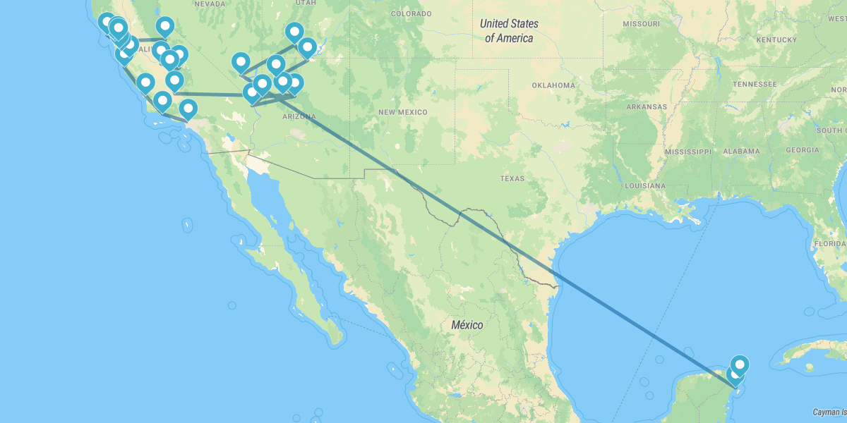 Route from California to Nevada with National Parks and Riviera Maya