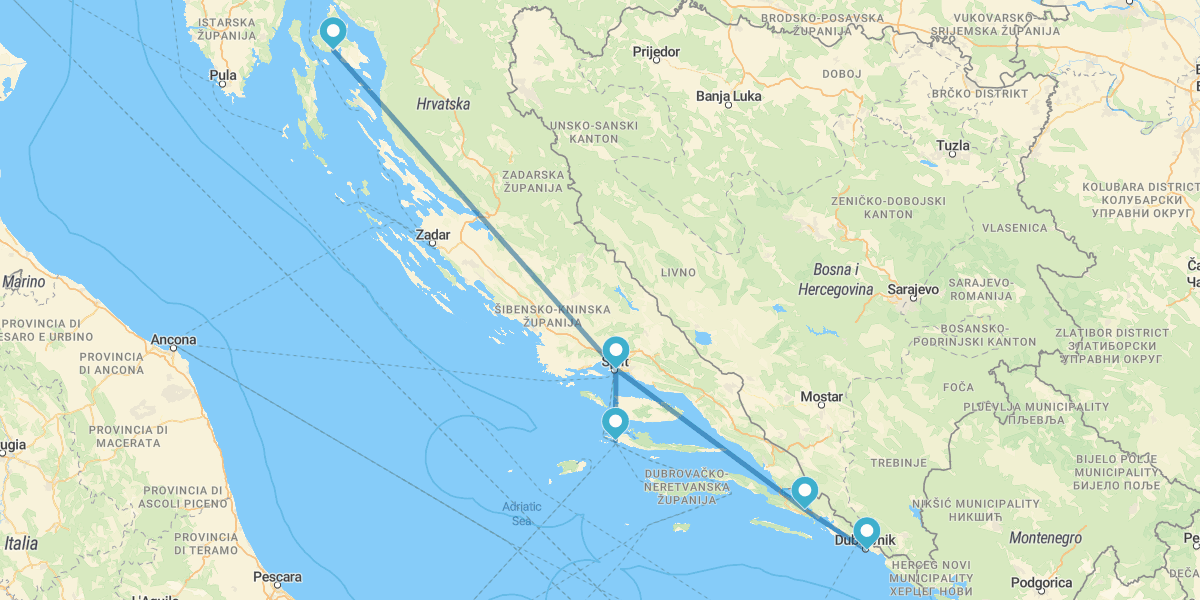 From Split to Dubrovnik with the Island of Hvar