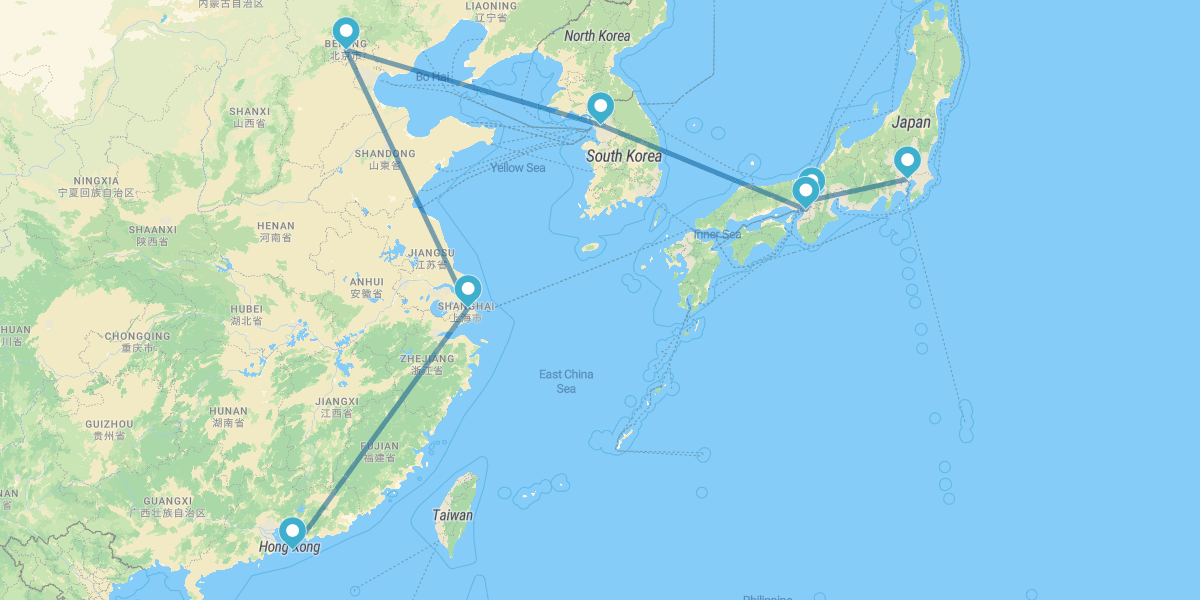 Tokyo, Kyoto, Osaka, Seoul, Beijing, Shanghai and Hong Kong
