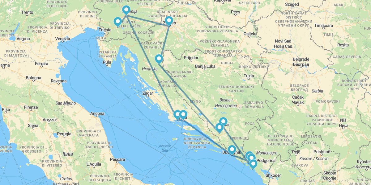 Route through Croatia, Montenegro, Bosnia and Slovenia