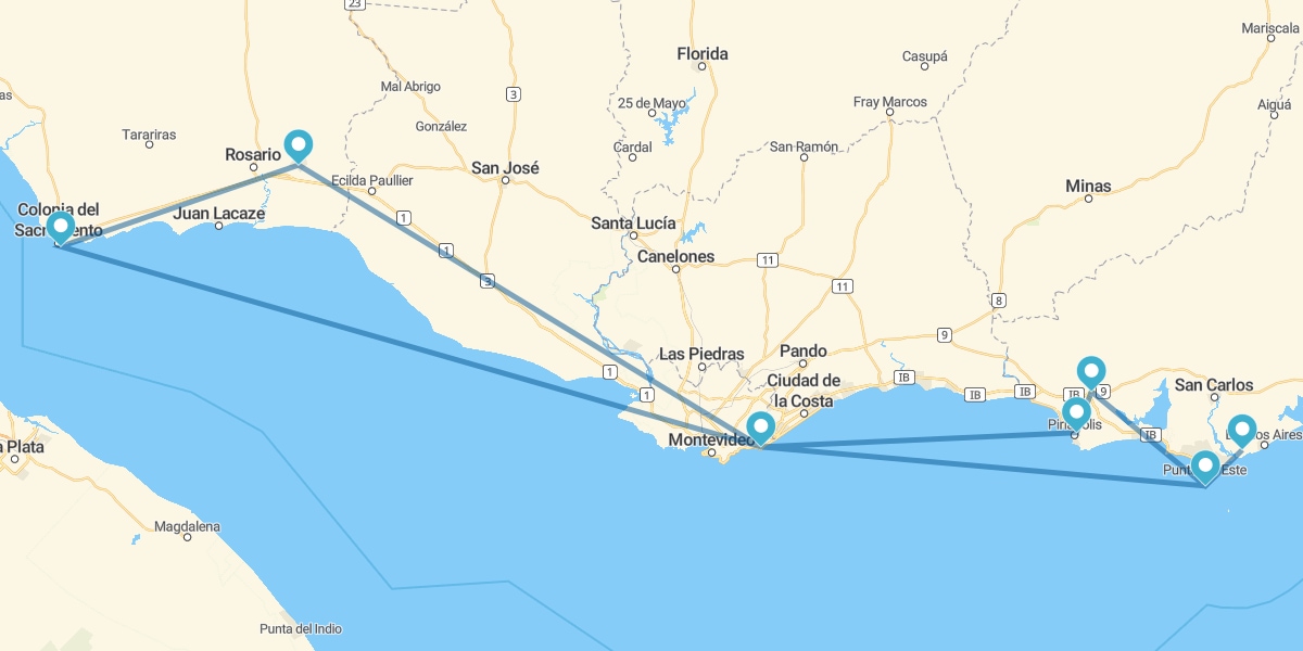 Route from the picturesque Colonia to the ever-vibrant Punta del Este