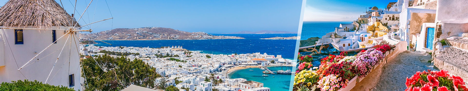 Santorini and Mykonos by plane and with rental car